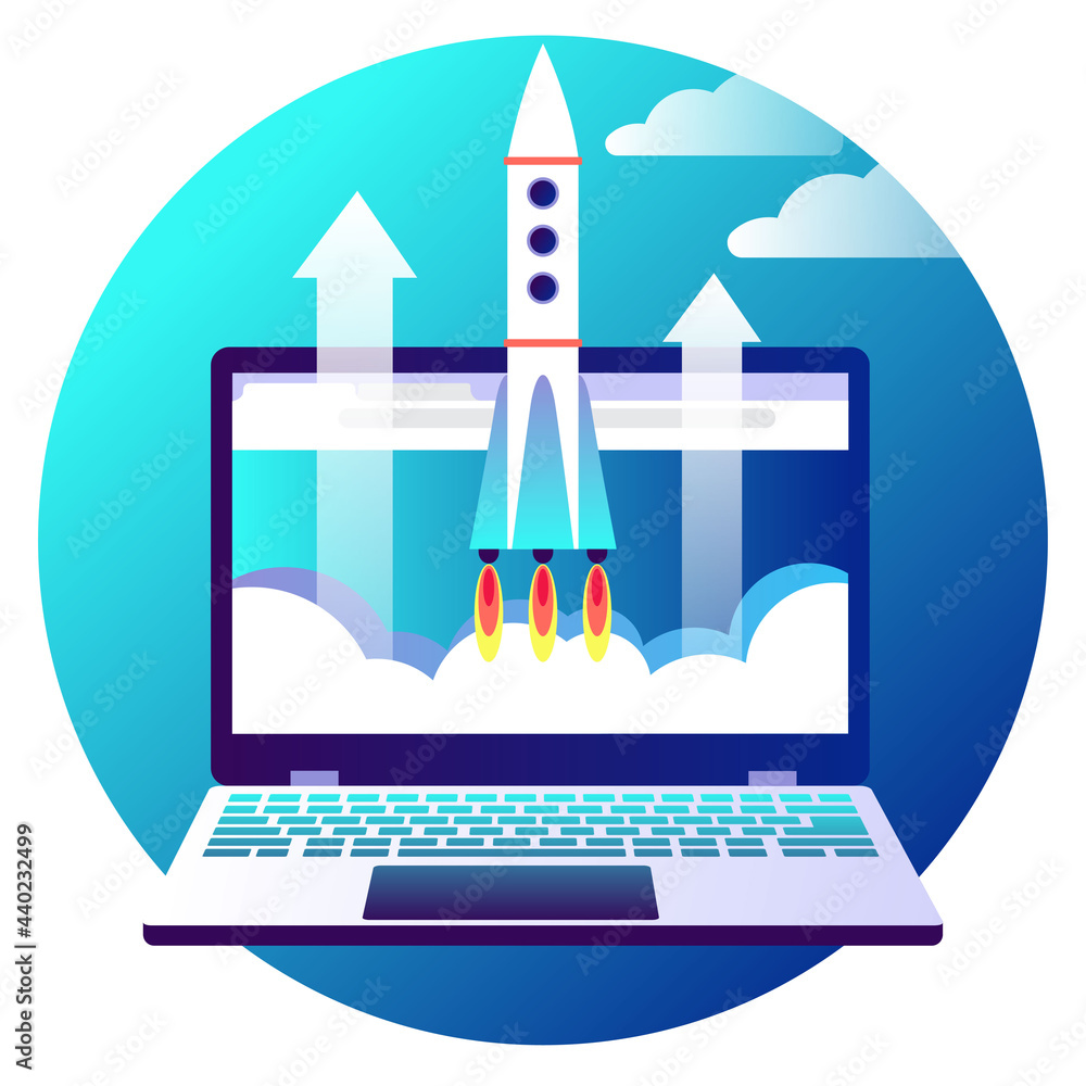 symbolic image of the start of a business project on the Internet. on the laptop screen, the rocket is launched and the arrows are pointing up. start-up concept. vector stock illustration. symbolic image of the start of a business project on the Internet. on the laptop screen, the rocket is launched and the arrows are pointing up. start-up concept. vector stock illustration.