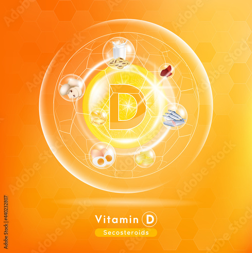 Vitamin D. Medicine capsule, Orange substance. Salmon, egg yolk and milk that neutralize free radicals. With chemical formula. Anti aging beauty enhancement concept and health care. 3D vector EPS10.