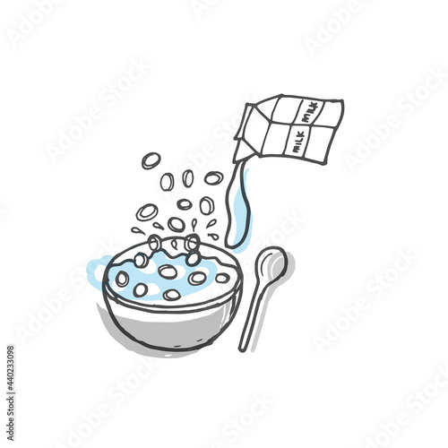 set of breakfast meal icon. cereal with milk in the bowl with pouring milk illustration. hand drawn vector. healthy and fresh food. doodle art for logo, label, brand, advertising, poster, banner. 