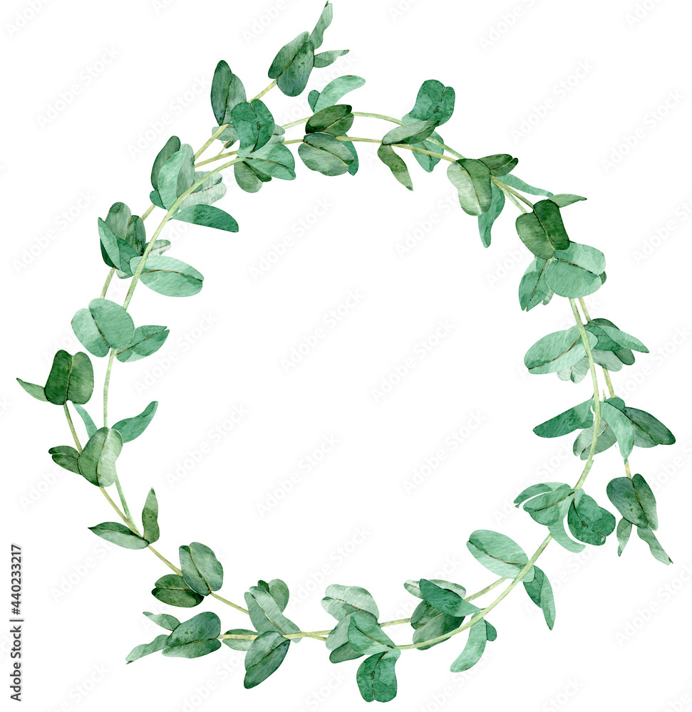 Watercolor round frame of eucalyptus branches. Hand-drawn greenery illustration. Template for your text. Watercolor round frame of eucalyptus branches. Hand-drawn greenery illustration. Template for your text.