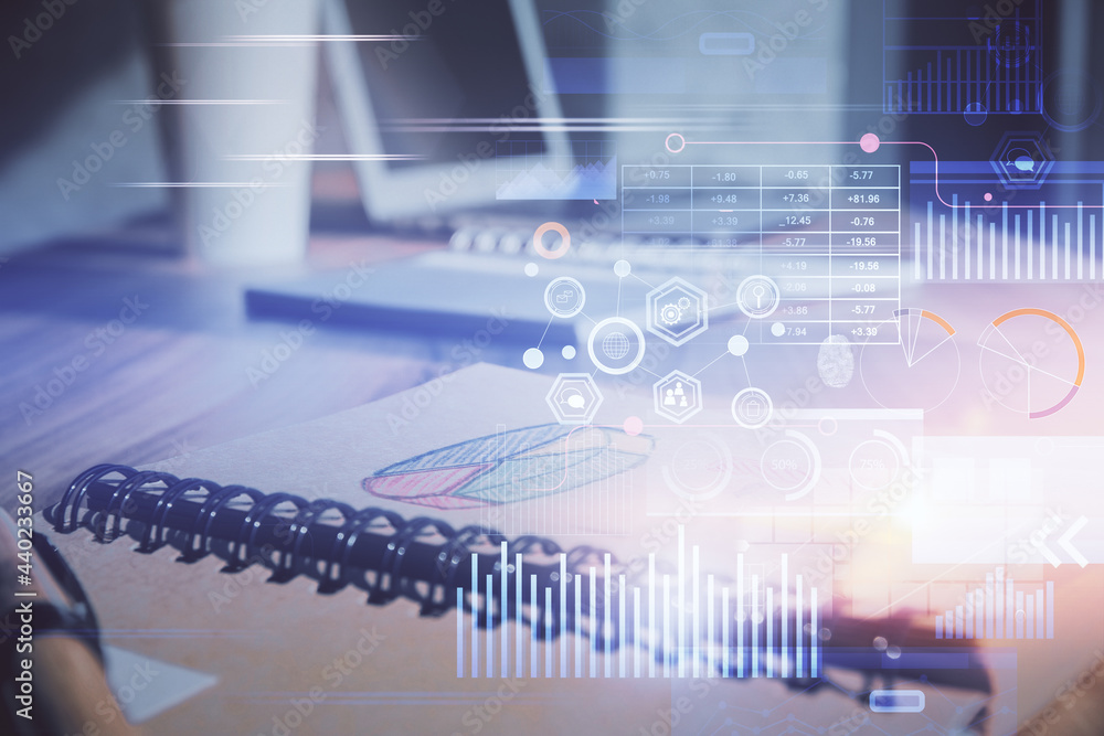 Multi exposure of data theme drawings and desk with open notebook background. Concept of education Multi exposure of data theme drawings and desk with open notebook background. Concept of education