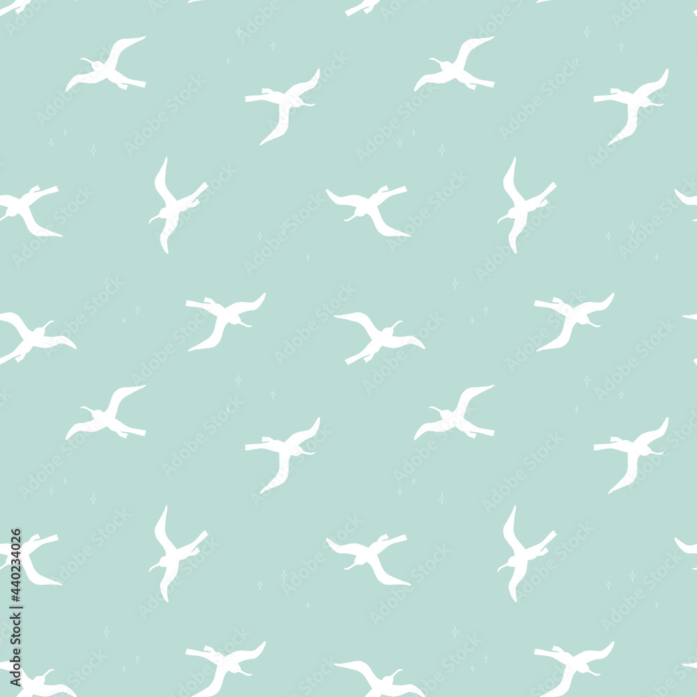 Seamless pattern with white birds on turquoise background. Silhouettes of seagulls flying in the sky. Vector colored endless texture for your designs packing, cards, wrapping paper, textile, towels Seamless pattern with white birds on turquoise background. Silhouettes of seagulls flying in the sky. Vector colored endless texture for your designs packing, cards, wrapping paper, textile, towels