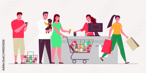 Shoppers line up at grocery store checkout. Queue supermarket ckout. Vector illustration flat style