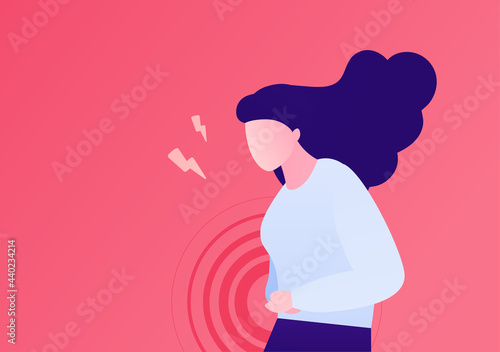 Painful female periods concept. Vector flat character illustration. Woman standing and suffering menstrual abdominal pain isolated on pink background. Design for health care. photo
