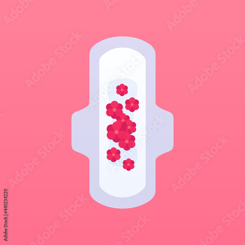 Female sanitary pad. Vector flat illustration. Menstruation red blood flower symbol isolated on pink background. Design element.