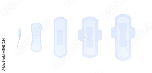 Female sanitary pad set. Vector flat modern illustration. Collection of pads and tampon symbol isolated on white background. Design element.