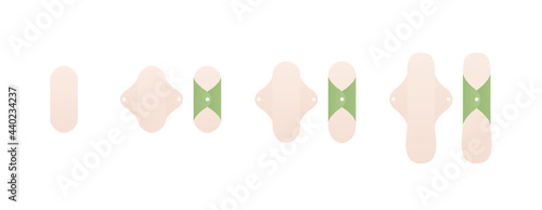 Zero waste concept. Female reusable sanitary pad set. Vector flat modern illustration. Collection of cloth pads symbol isolated on white background. Green color design element.