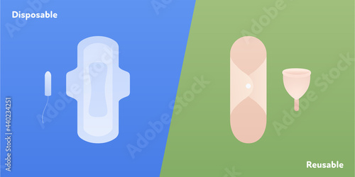 Zero waste concept. Female reusable sanitary pad set. Vector flat modern illustration. Comparison infographic of reusable and disposable menstruation pads, cup and tampon on blue and green background.