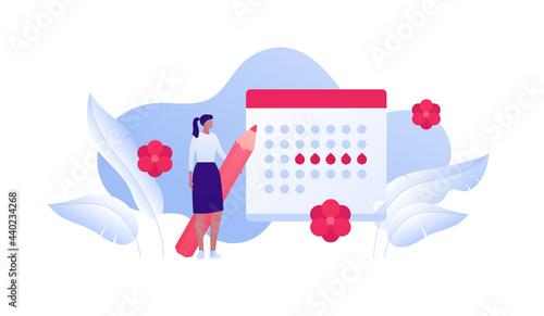 Female periods concept. Vector flat character illustration. Woman standing with pencil. Calendar with flower symbol. Design for health care, business