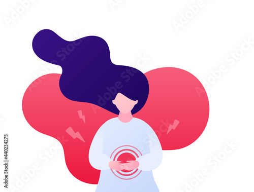 Painful female periods concept. Vector flat character illustration. Woman with hands on belly suffering menstrual abdominal pain isolated on white background. Design for health care. photo