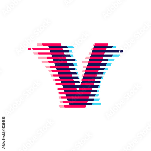 V letter logo with vibrant line glitch effect.