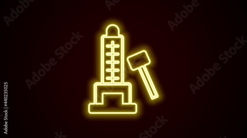 Glowing neon line High striker attraction with big hammer icon isolated on black background. Attraction for measuring strength. Amusement park. 4K Video motion graphic animation photo