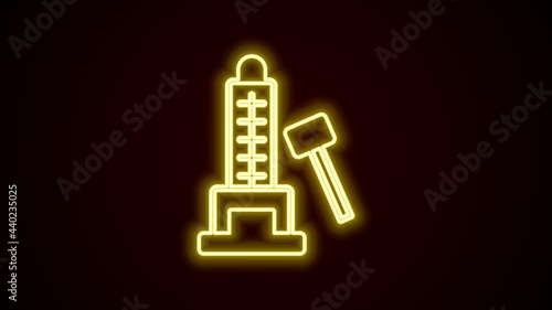 Glowing neon line High striker attraction with big hammer icon isolated on black background. Attraction for measuring strength. Amusement park. 4K Video motion graphic animation