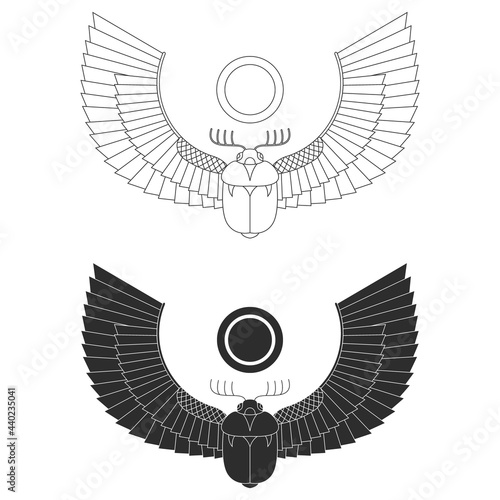 vector monochrome icon set with ancient egyptian symbol Scarab Winged sun for your project
