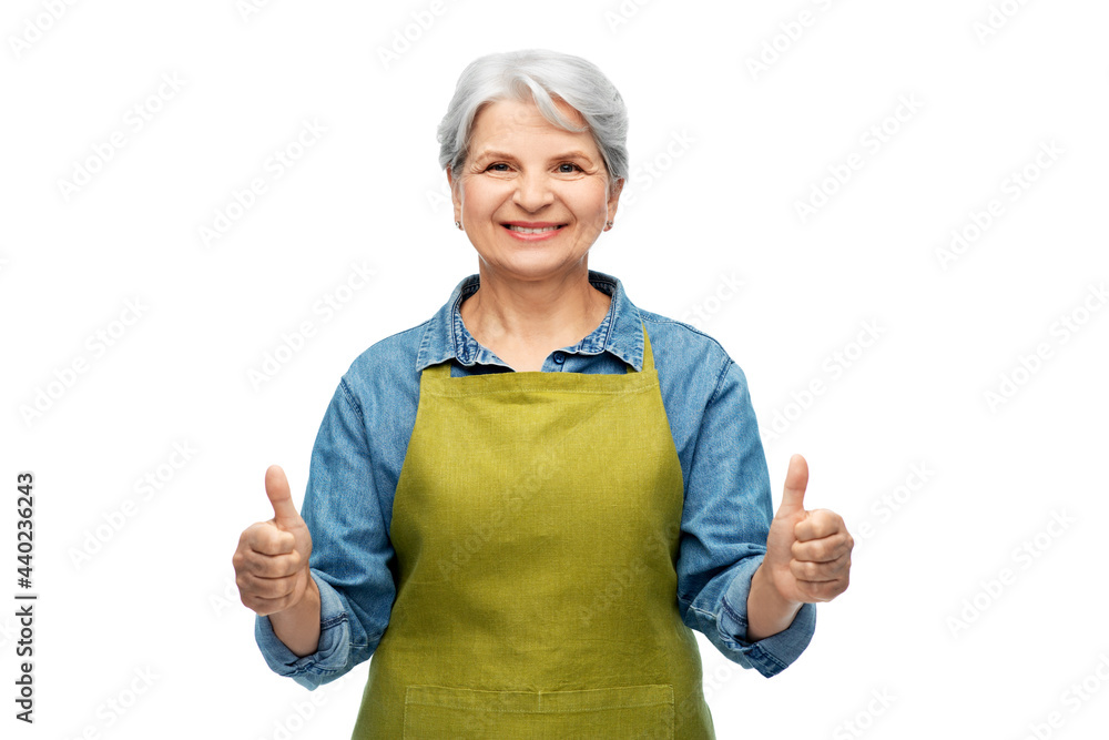gardening, farming and old people concept - portrait of smiling senior woman in green garden apron showing thumbs up over white background gardening, farming and old people concept - portrait of smiling senior woman in green garden apron showing thumbs up over white background