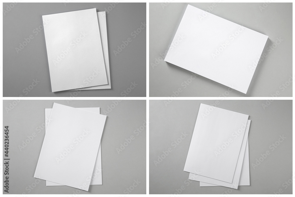 Open blank brochures on grey background, top view. Collage Open blank brochures on grey background, top view. Collage