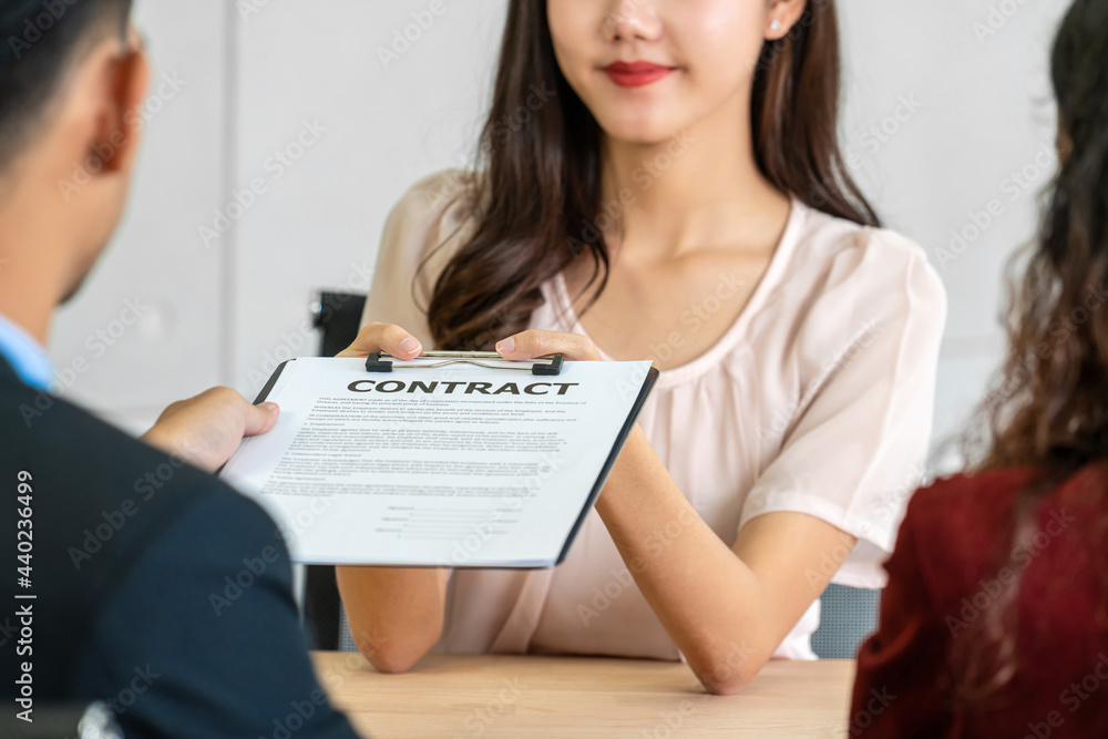 Job interview with Submitting contract to interviewee Job interview with Submitting contract to interviewee