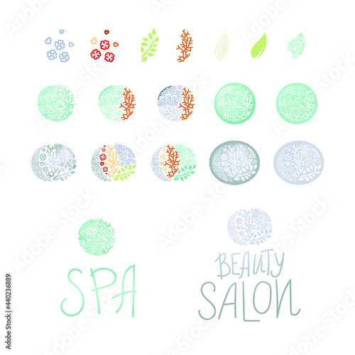 Spa center service flat vector illustrations set. Logo. Set of vintage badges for beauty, natural and organic products, cosmetics, spa and wellness.