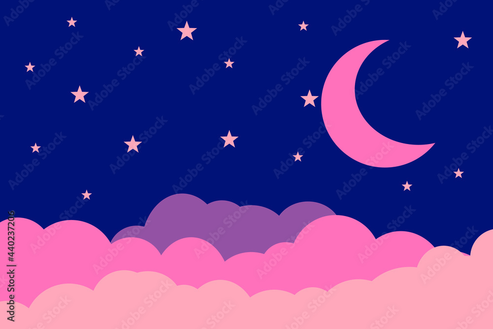 Fototapeta premium Flat style illustration pink moon stars clouds background design. Good to use for banner, social media template, poster and flyer template, etc.