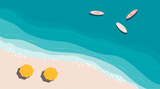 Summer beach landscape banner, ocean island vector background, coastal sand, boat, island, exotic coast, tropical nature vacation illustration
