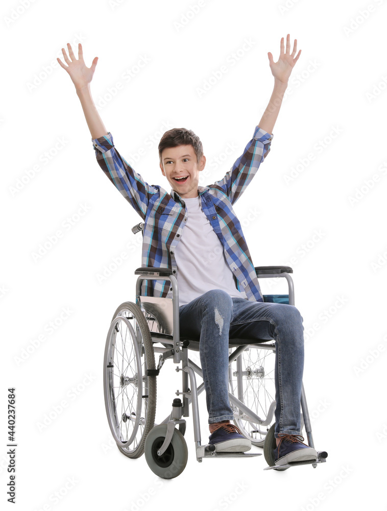 Emotional teen boy in wheelchair on white background Emotional teen boy in wheelchair on white background