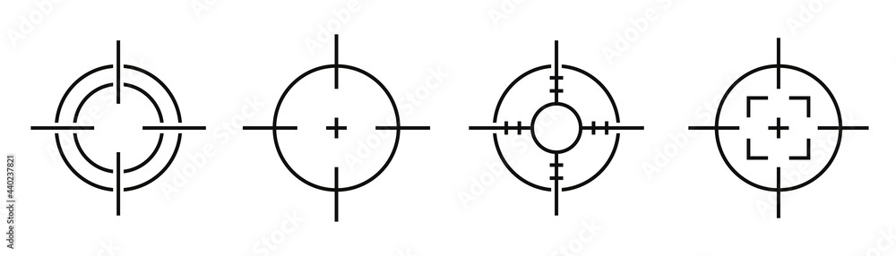 Target and aim icon collection. Game sign. Focus symbol isolated on black background. Vector illustration. Target and aim icon collection. Game sign. Focus symbol isolated on black background. Vector illustration.