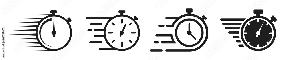 Timer icons set. Quick time or deadline icon. Express service symbol. Countdown timer and stopwatch icons isolated on white. Vector illustration. - obrazy, fototapety, plakaty 