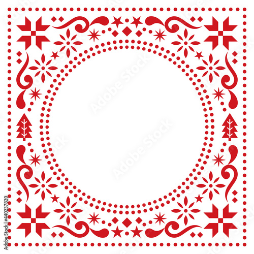 Christmas Scandinavian folk art vector greeting card border or frame pattern, red greeting card with Christmas trees, snowflakes, flowers and stars 