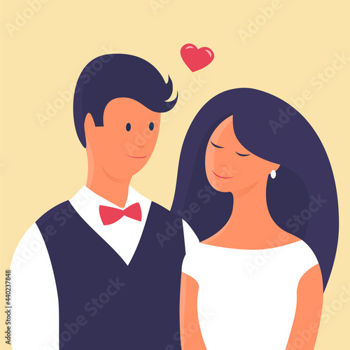 Happy cartoon bride and groom on their wedding day. Portrait of young man and woman. Character template for cards and invitations. Vector romantic illustration