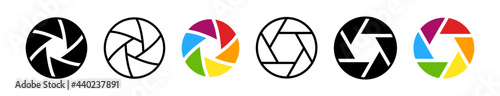 Aperture icons set. Camera lens diaphragm icon symbols. Camera objective sign isolated.  Photo focus icon collection. Vector illustration.