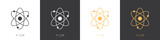 Atom logos set isolated on white background. Structure of the nucleus of the atom. Around the atom, gamma waves, protons, neutrons and electrons. Vector illustration