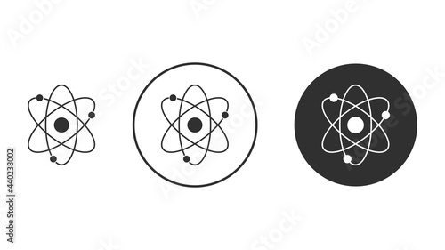 Atom icons set isolated on white background. Structure of the nucleus of the atom. Around the atom, gamma waves, protons, neutrons and electrons. Vector illustration