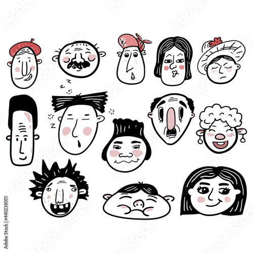 Hand drawn human faces doodle set. Collection of pen ink pencil drawing sketches of young old men women boys girls facial expressions. Illustration different age generation.