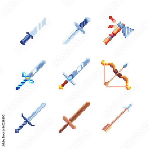 Ancient sword. Medievalist weapons, hatchet, bow and arrow. Pixel art style icon, isolated vector illustration. Design for sticker, mobile app and logo. Game assets 8-bit