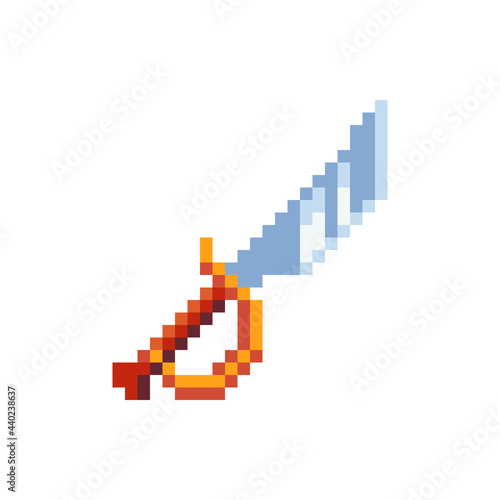 Saber icon. Pixel art flat style. Cartoon medieval sword pirates. 8-bit. Isolated vector illustration. Game assets.