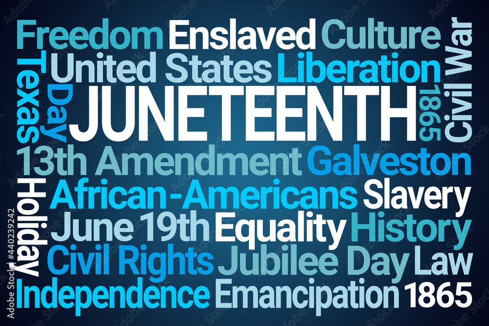 Juneteenth Word Cloud on Blue Background Juneteenth Word Cloud on Blue Background