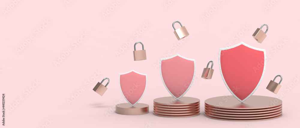Abstract security. Shield Concept for Safe and secure protection Network data on red background. Secure bank, copy space, digital, banner-3d Rendering Abstract security. Shield Concept for Safe and secure protection Network data on red background. Secure bank, copy space, digital, banner-3d Rendering