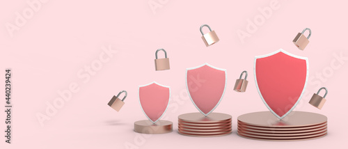 Abstract security. Shield Concept for Safe and secure protection Network data on red background. Secure bank, copy space, digital, banner-3d Rendering