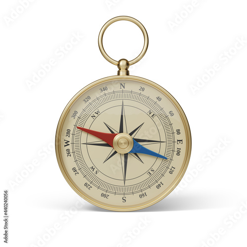 Golden classic round compass isolated on white background