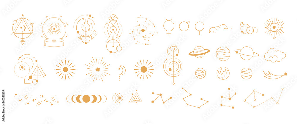 Big set of magic and astrological symbols. Mystical signs, silhouettes, zodiac, tarot cards. Vector illustration - obrazy, fototapety, plakaty 