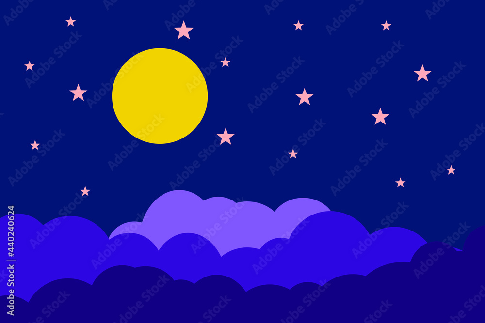 Flat style illustration yellow moon stars and blue clouds background design. Good to use for banner, social media template, poster and flyer template, etc. Flat style illustration yellow moon stars and blue clouds background design. Good to use for banner, social media template, poster and flyer template, etc.