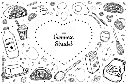 Viennese strudel and ingredients for cooking it in the shape of a heart.