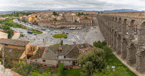 Panoramic aerial view at the Plaza Oriental and Towering Roman aqueduct and grand landmark monument of Segovia photo