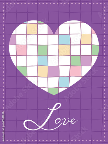 Pastel doodle checked seamless pattern. Card with heart silhouette symbol frame. Hand drawn lines with a pen. Purple repeat background. Doodle pattern invitation, greeting card template for birthday