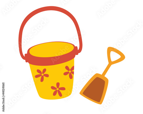 Toy bucket with a dustpan. Beach games. Summer vacation.  Set of buckets and dustpan for playing in the sandbox for children. Vector cartoon illustration.