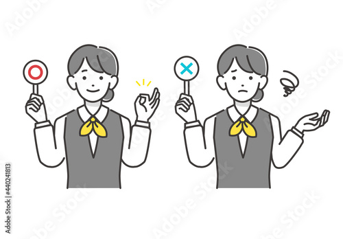 正解と不正解の棒を持つ店員、銀行員の女性のベクターイラスト素材／〇×／ビジネス