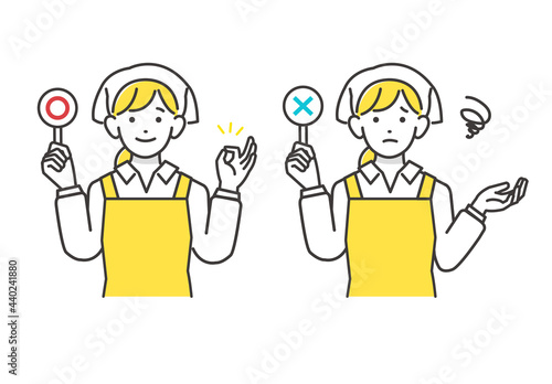 正解と不正解の棒を持つスーパーの女性のベクターイラスト素材／〇×／ビジネス