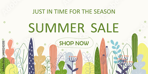 Summer sale banner with plants. Vector illustration.