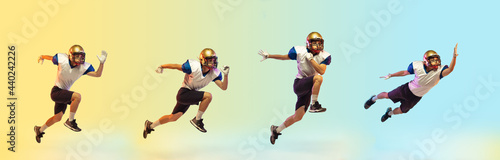 American football player isolated on color studio background with copyspace. Professional sportsman during game playing in action and motion. © master1305