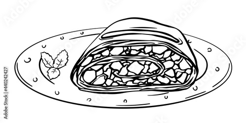 Illustration plate with slice Viennese apple strudel.